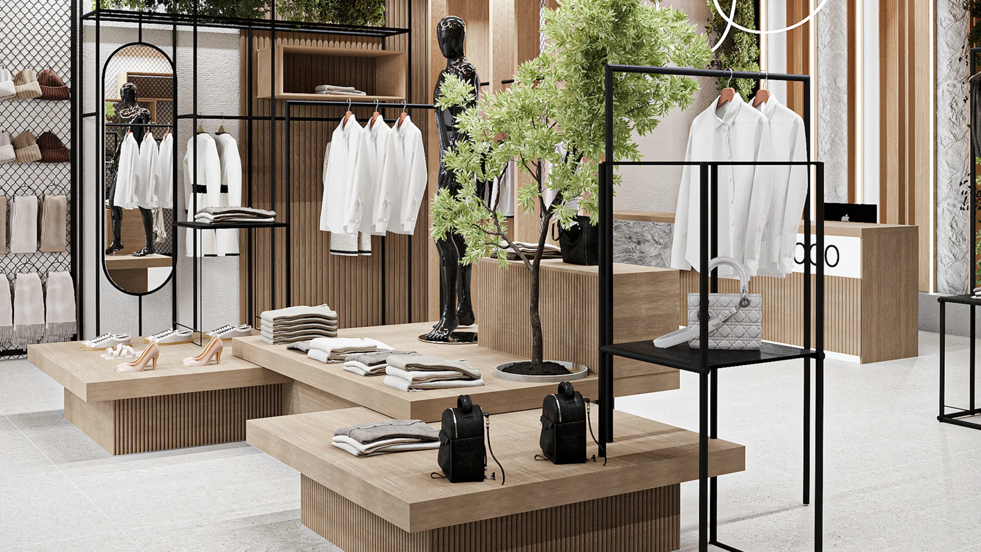 Меблі для магазину одягу і взуття 100 м² у стилі soft loft — загальний вигляд від FLEX PRIDE