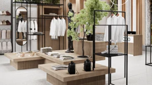 Меблі для магазину одягу і взуття 100 м² у стилі soft loft — загальний вигляд від FLEX PRIDE